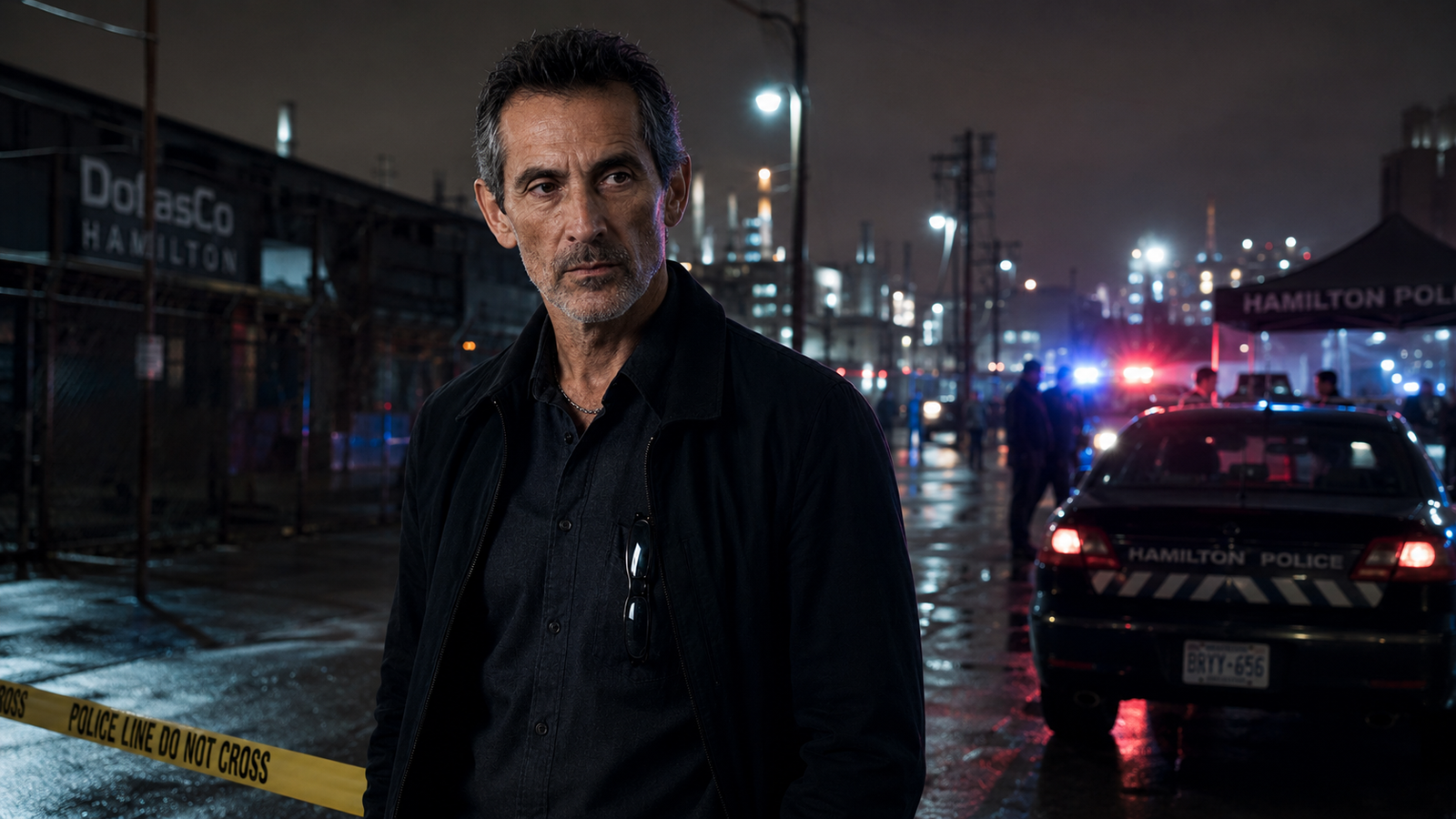 Antonio Tony Iavarone at a rainy Hamilton crime scene with police lights and industrial buildings.