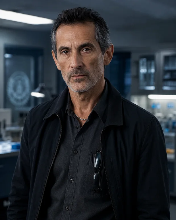 Antonio Tony Iavarone, fictional forensic analyst, standing in a Hamilton forensic lab wearing a black jacket and serious expression.