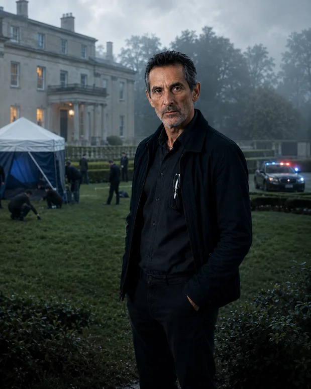 Antonio Tony Iavarone at a misty estate crime scene with investigators and a forensic tent in the background.