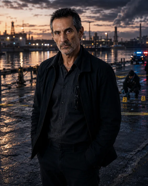 Antonio Tony Iavarone at a Hamilton Harbour crime scene at dusk with wet pavement, evidence markers, and police lights.