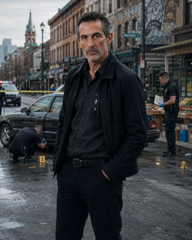 Antonio Tony Iavarone standing near a vehicle being processed by forensic officers on a Hamilton market street.