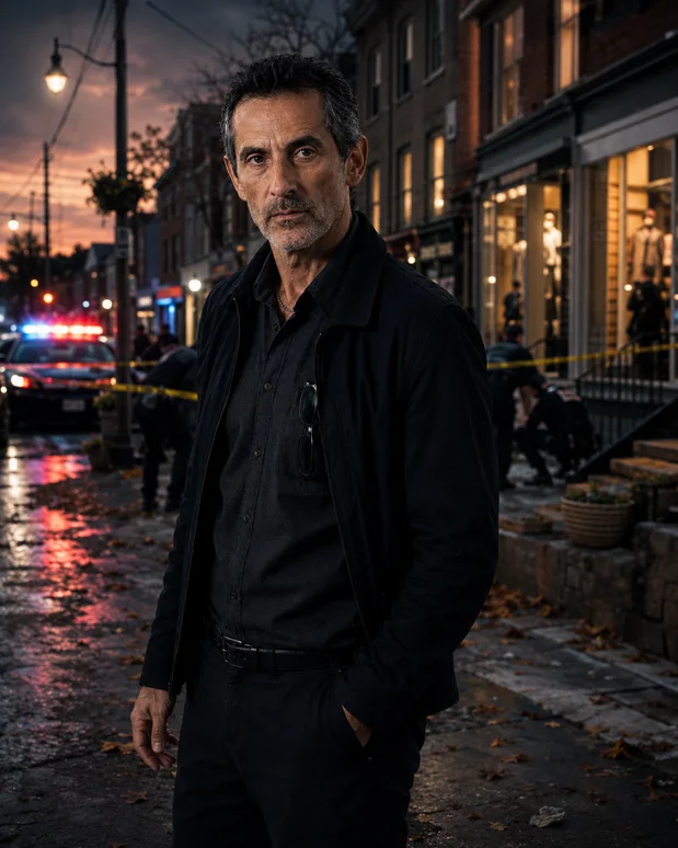 Antonio Tony Iavarone on a Hamilton street at dusk with police lights and investigators near storefronts.