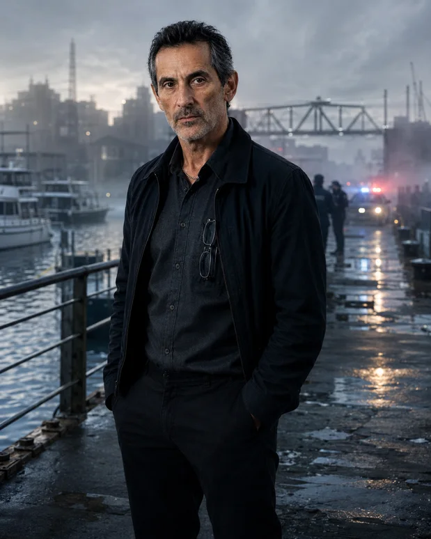 Antonio Tony Iavarone on a misty pier near Hamilton Harbour with police lights and investigators in the distance.