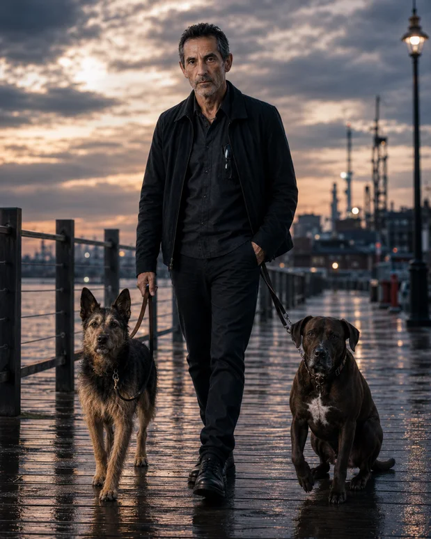 Antonio Tony Iavarone walking his two dogs, Rocco and Nino, along a rainy Hamilton waterfront boardwalk at dawn.